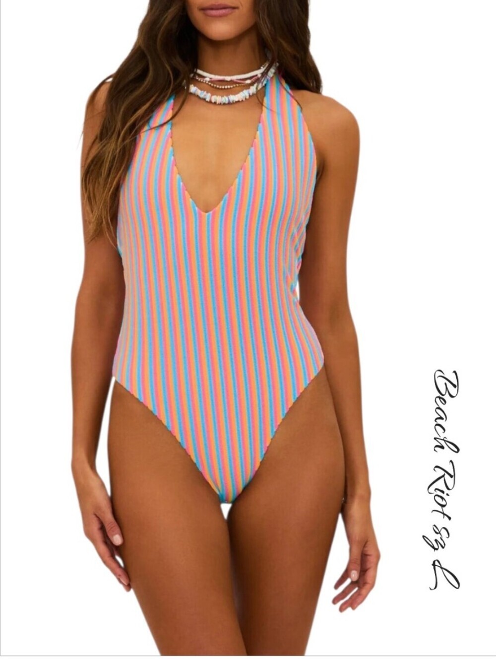 Beach Riot Frida One Piece Swimsuit Petal Stripes Terry Halter L NWT